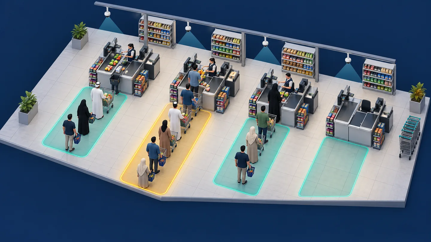 Illustration of hypermarket checkout queues monitored by ceiling cameras with anonymous counting zones