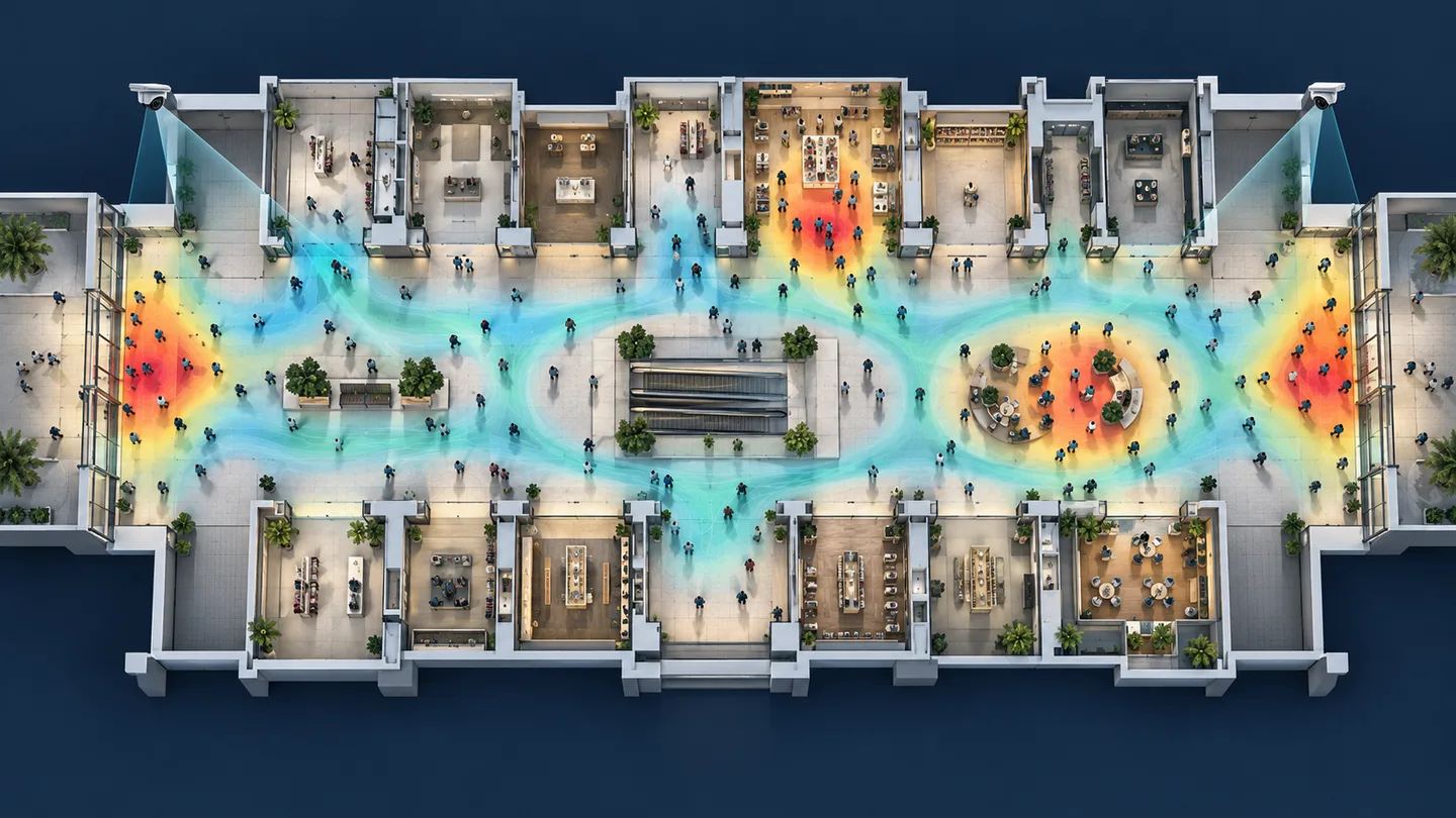 Illustrative overhead mall heatmap with warm activity zones and anonymous shopper movement paths