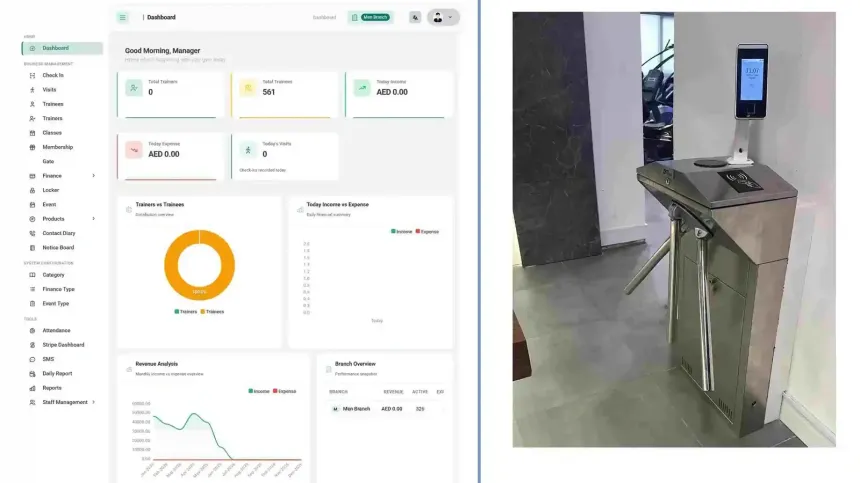 Gym CRM dashboard beside a face recognition turnstile at a UAE gym