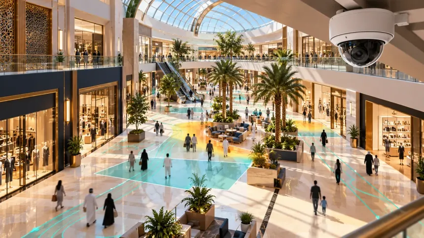Illustration of a mall CCTV camera with anonymous shopper paths and activity zones